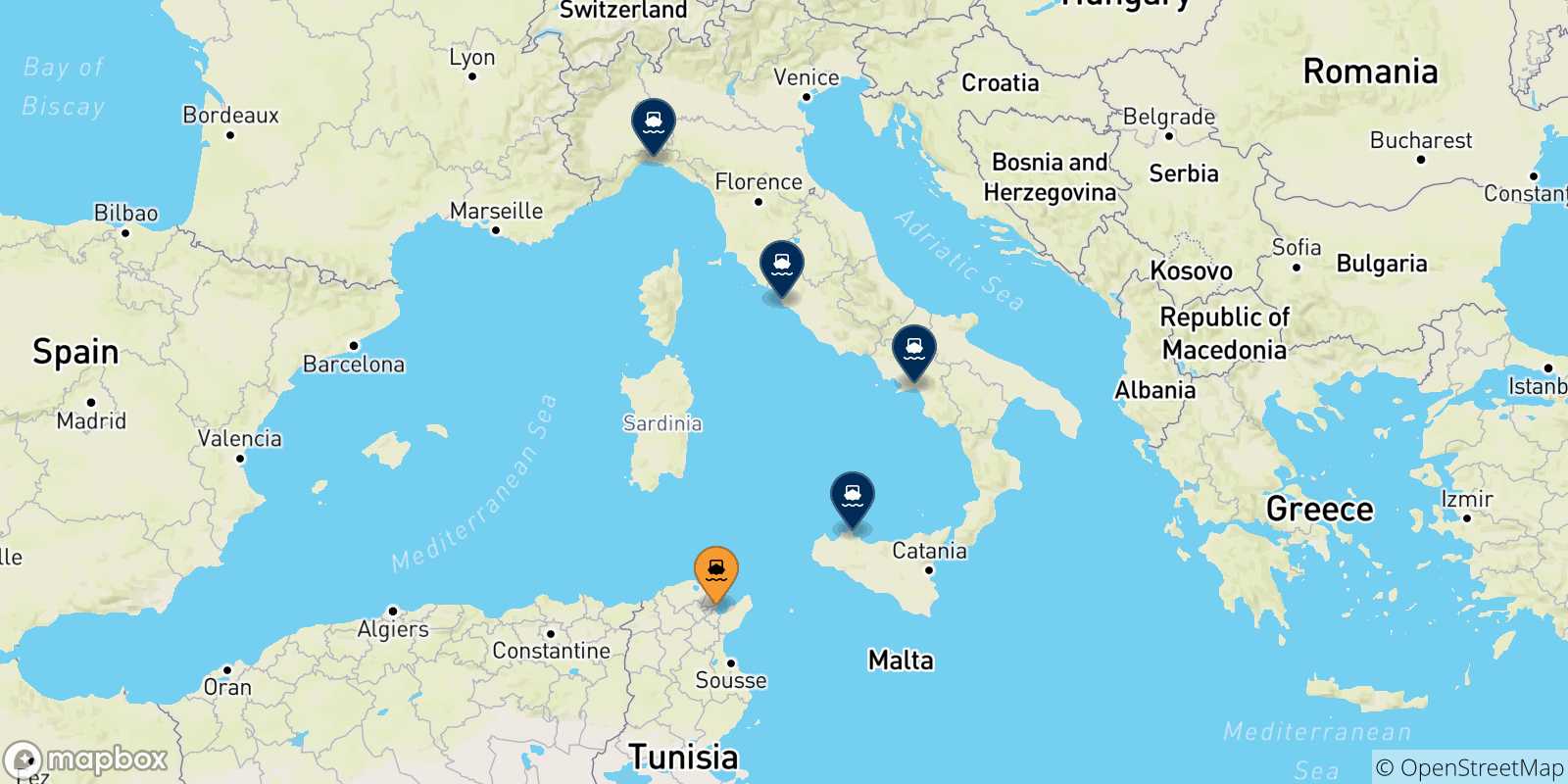 Carte des traversées possibles entre Tunis et l'Italie