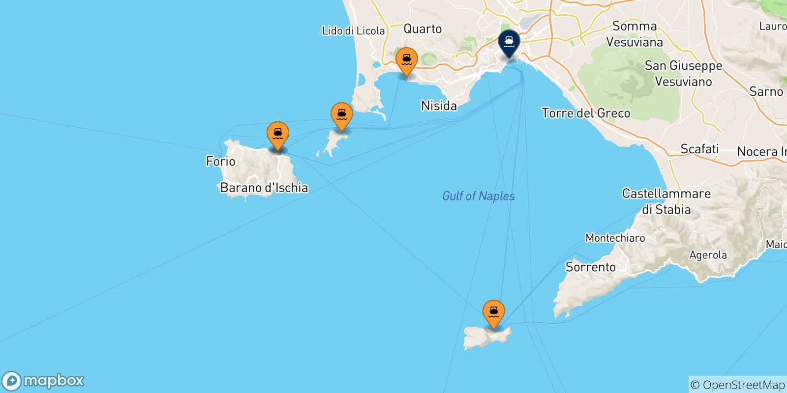 Carte des traversées possibles entre le Golf De Naples et Naples Beverello