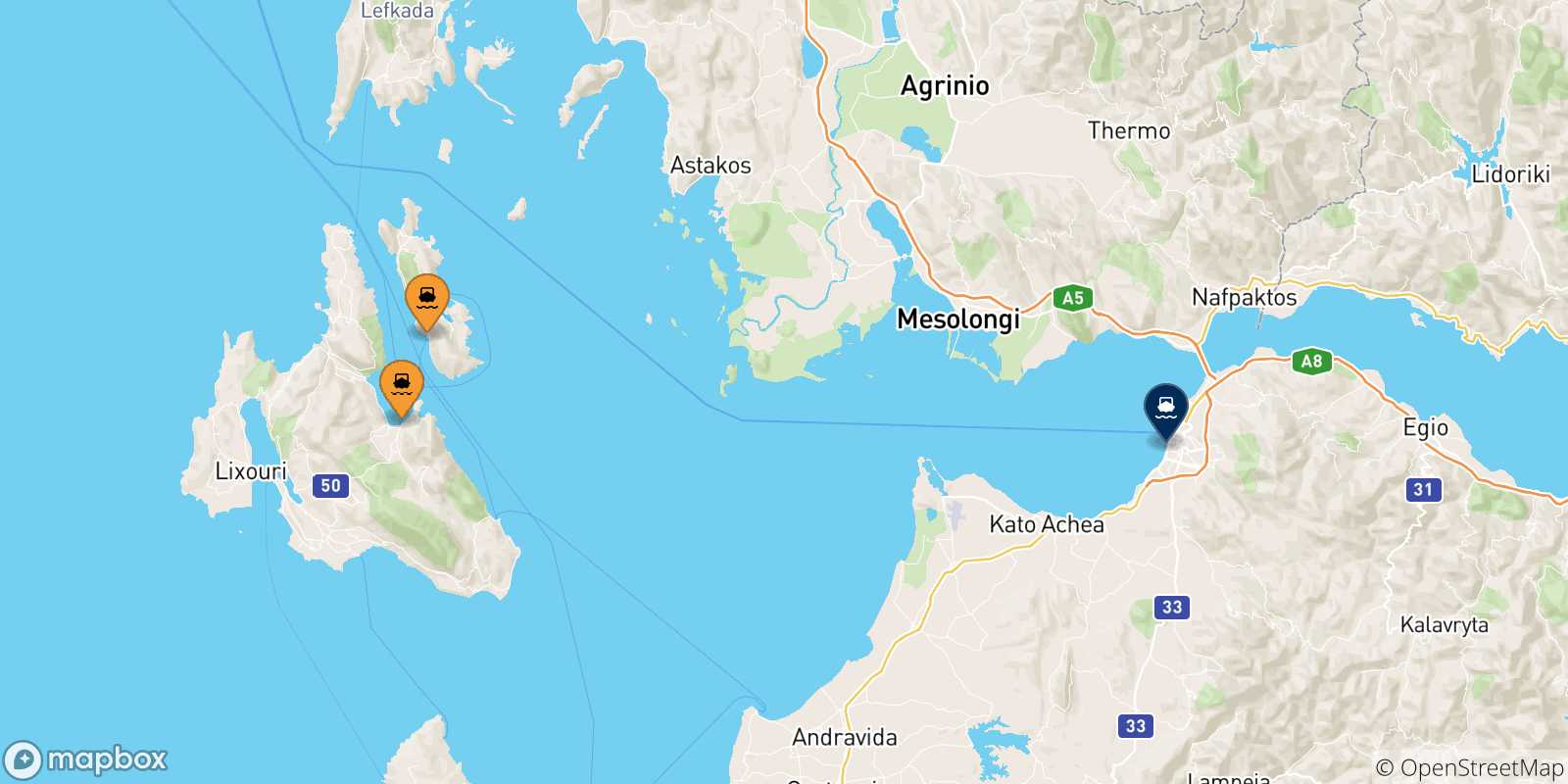 Carte des traversées possibles entre la Grèce et Patras