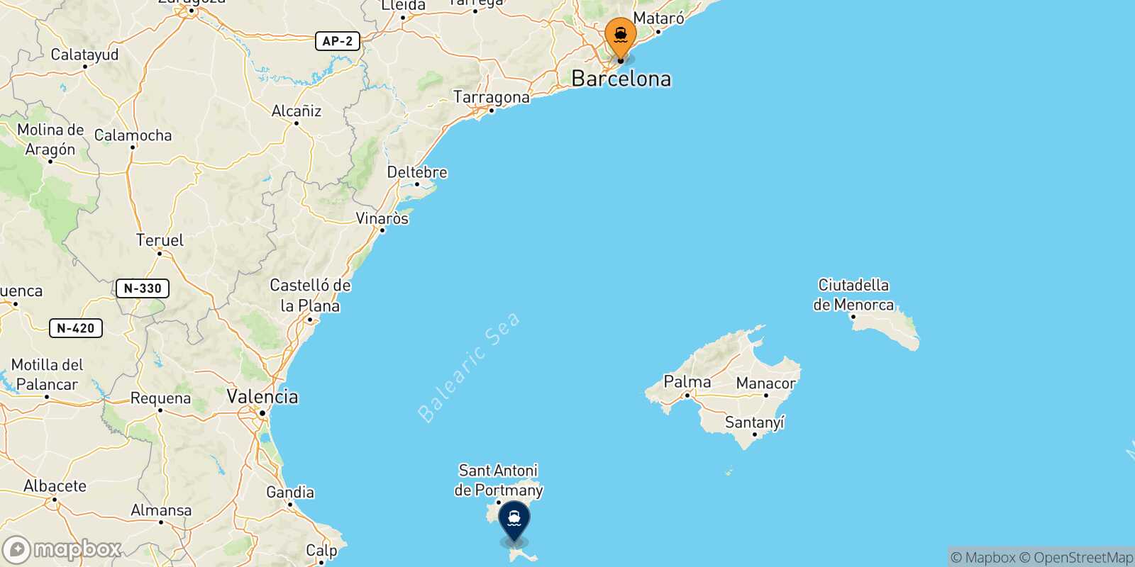 Carte des traverséesBarcelone Formentera