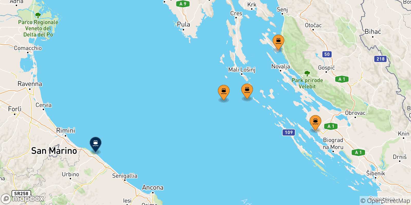 Carte des traversées possibles entre la Croatie et Pesaro