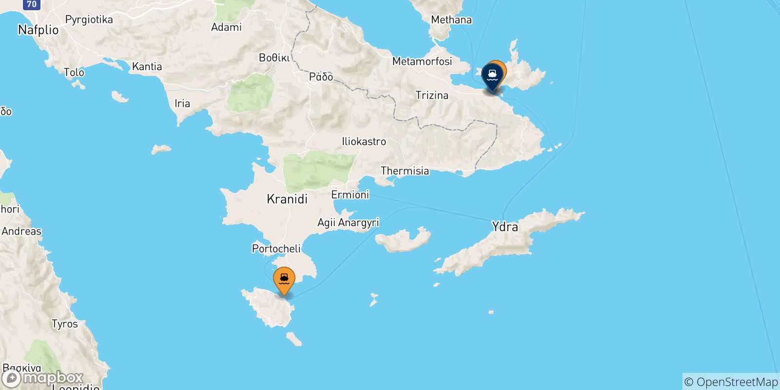 Carte des traversées possibles entre les Îles Saroniques et Hermione