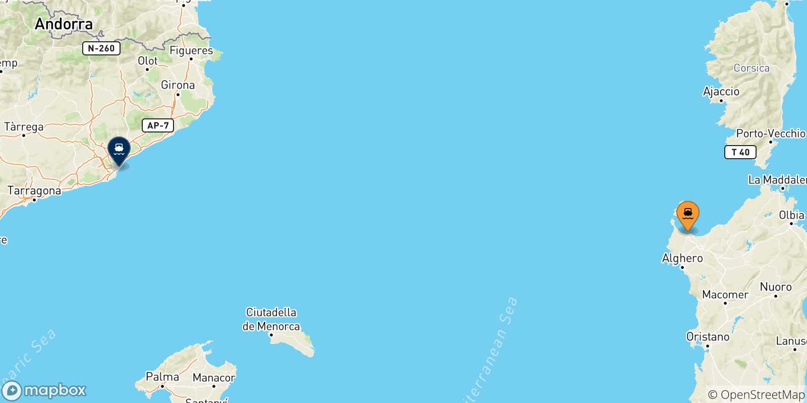 Carte des traversées possibles entre la Sardaigne et l'Espagne