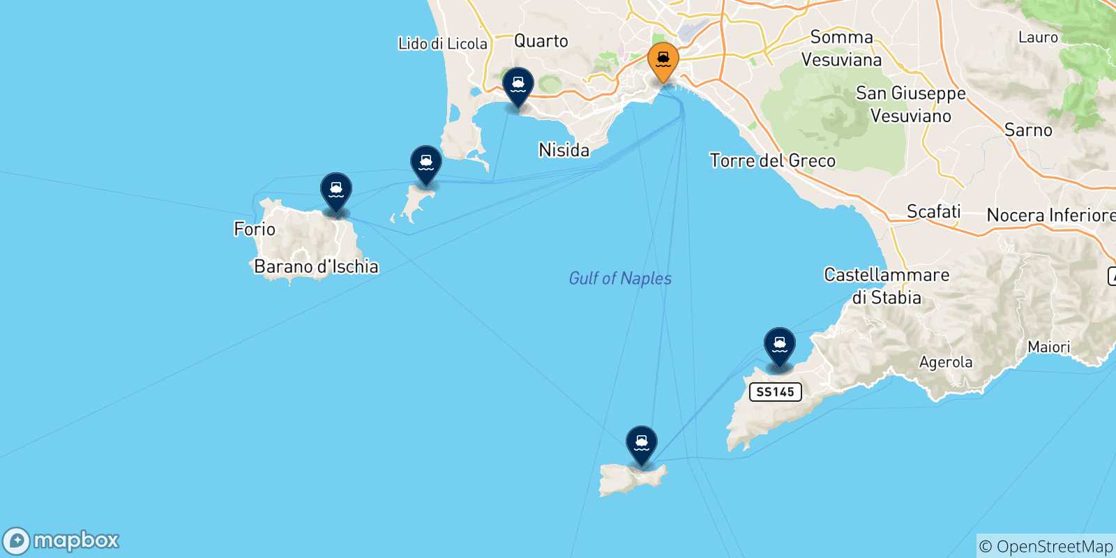 Carte des traversées possibles entre Naples Beverello et l'Italie