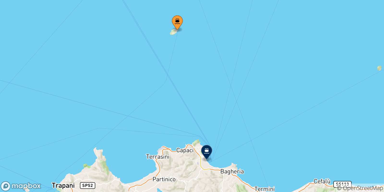 Carte des traversées possibles entre Ustica et la Sicile