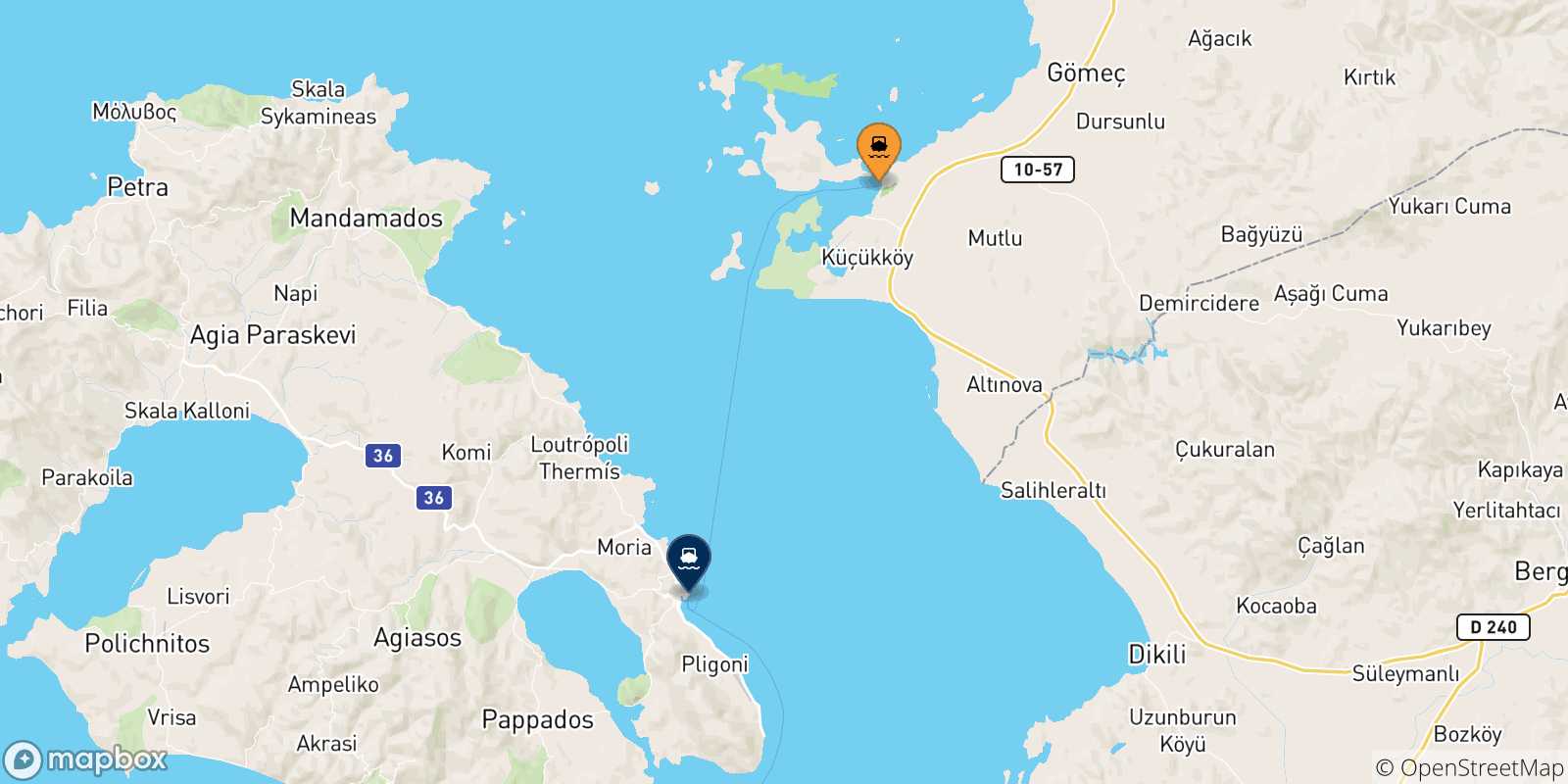 Carte des traversées possibles entre la Turquie et Mytilene (Lesvos)
