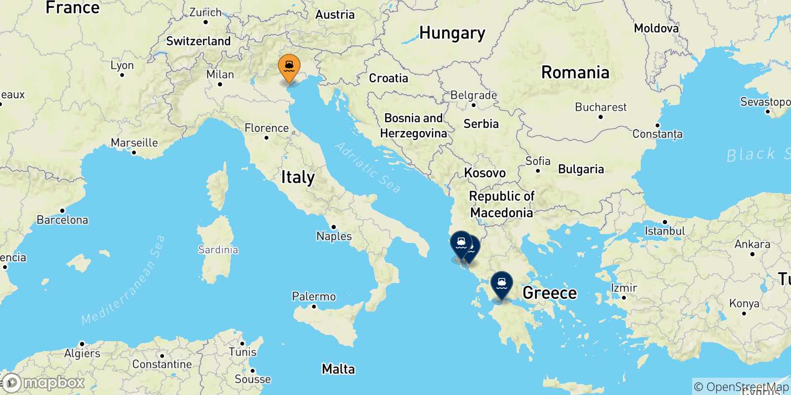 Carte des traversées possibles entre Venise et la Grèce