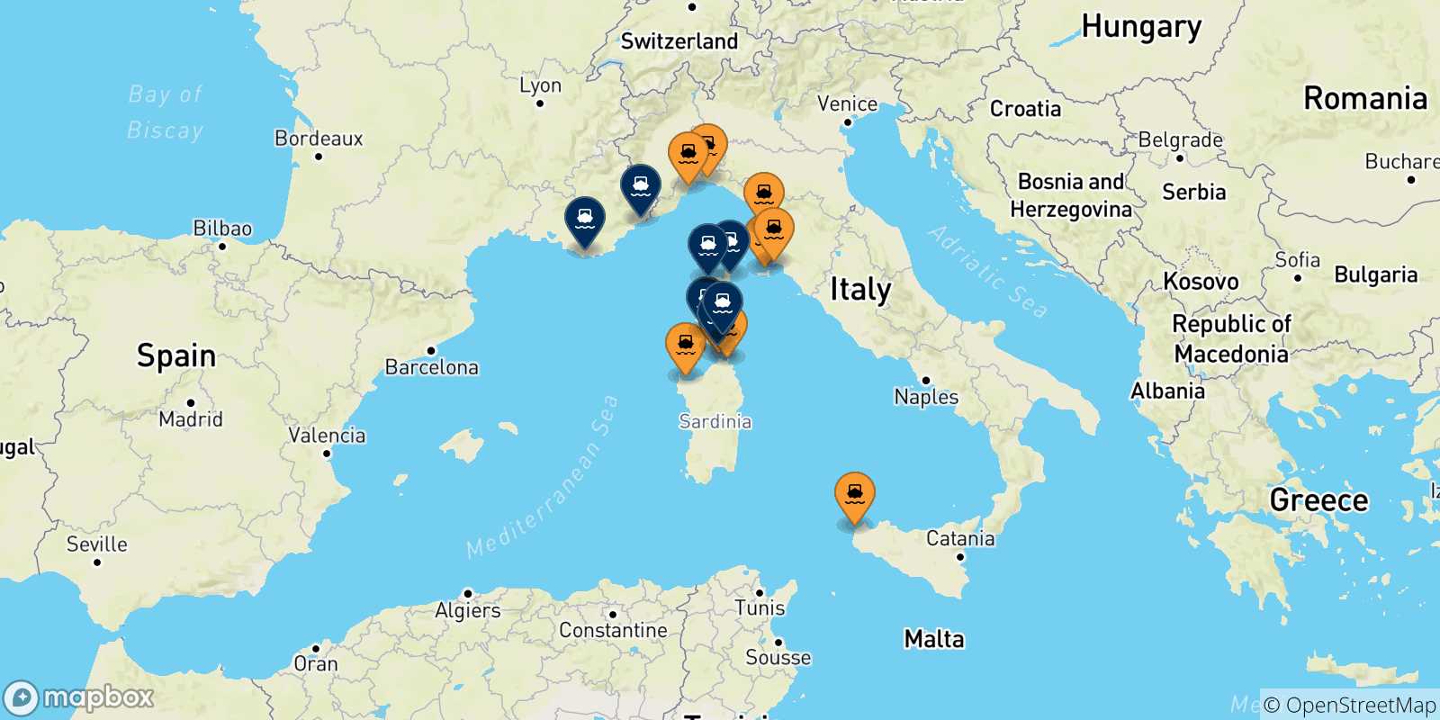 Carte des traversées possibles entre l'Italie et la France