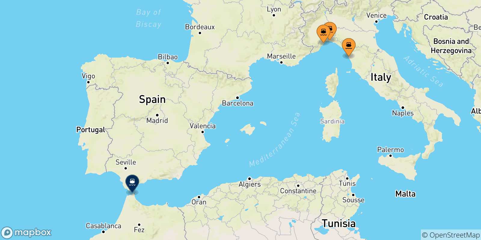 Carte des traversées possibles entre l'Italie et Tanger Med