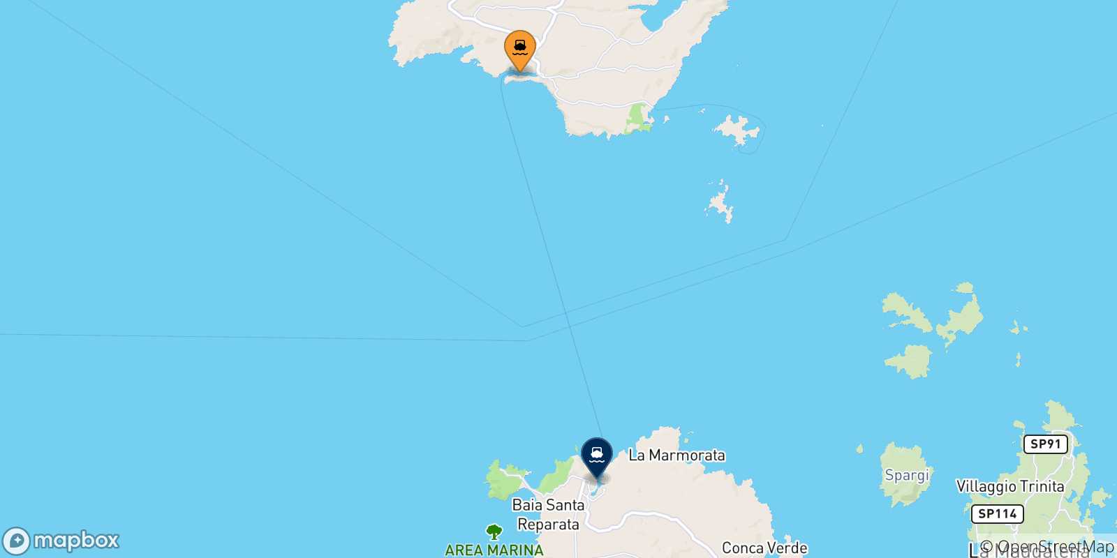 Carte des traversées possibles entre la Corse et Santa Teresa De Gallura