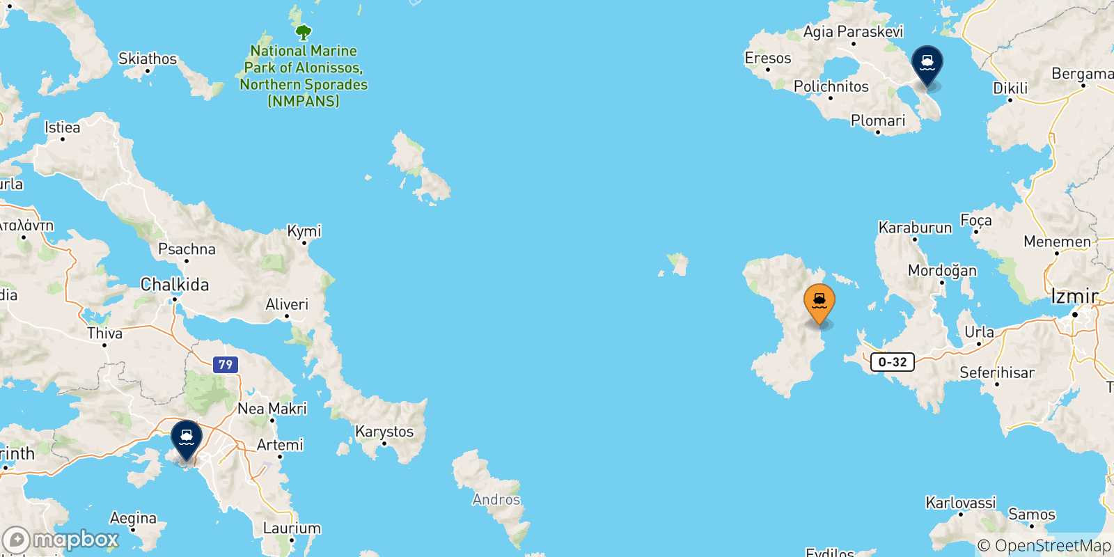Carte des traversées possibles entre Mesta Chios et la Grèce