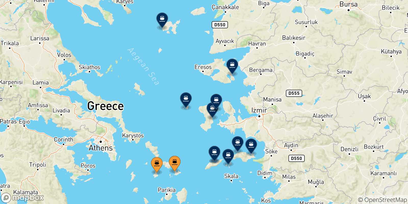 Carte des traversées possibles entre Îles Des Cyclades et les Îles Égéennes