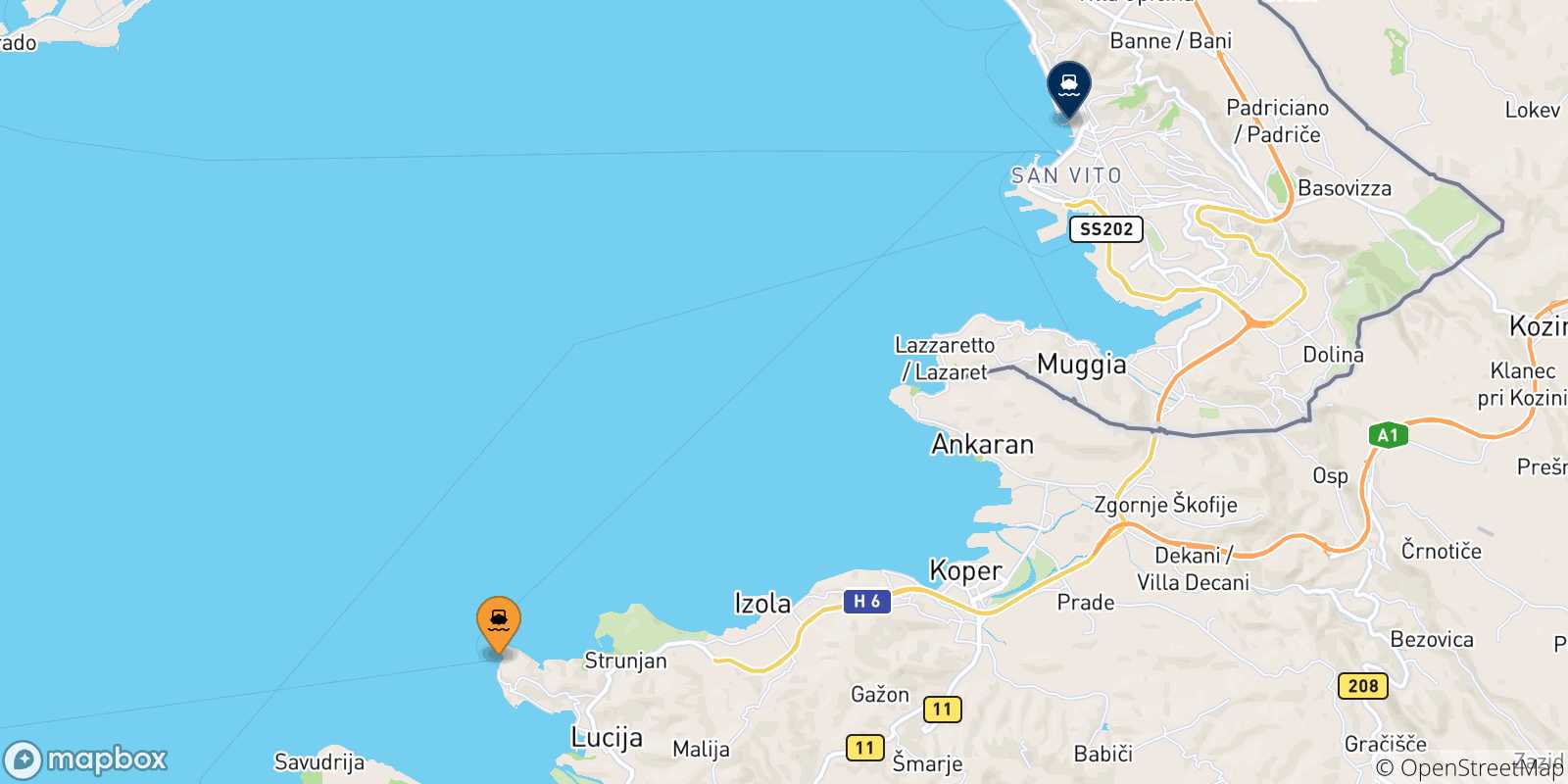 Carte des traversées possibles entre Slovenie et Trieste