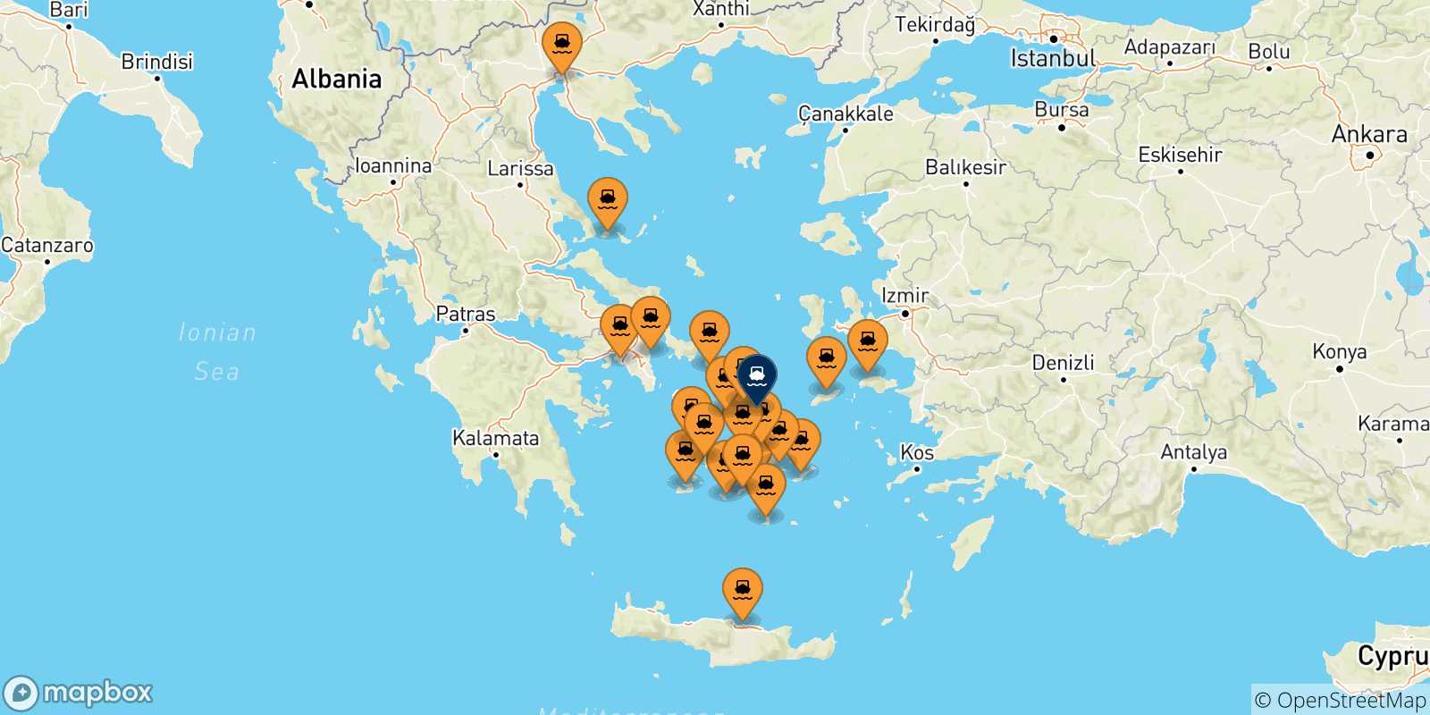 Carte des traversées possibles entre la Grèce et Mykonos