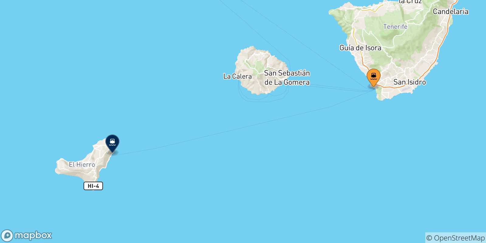 Carte des traversées possibles entre Los Cristianos (Tenerife) et les Îles Canaries