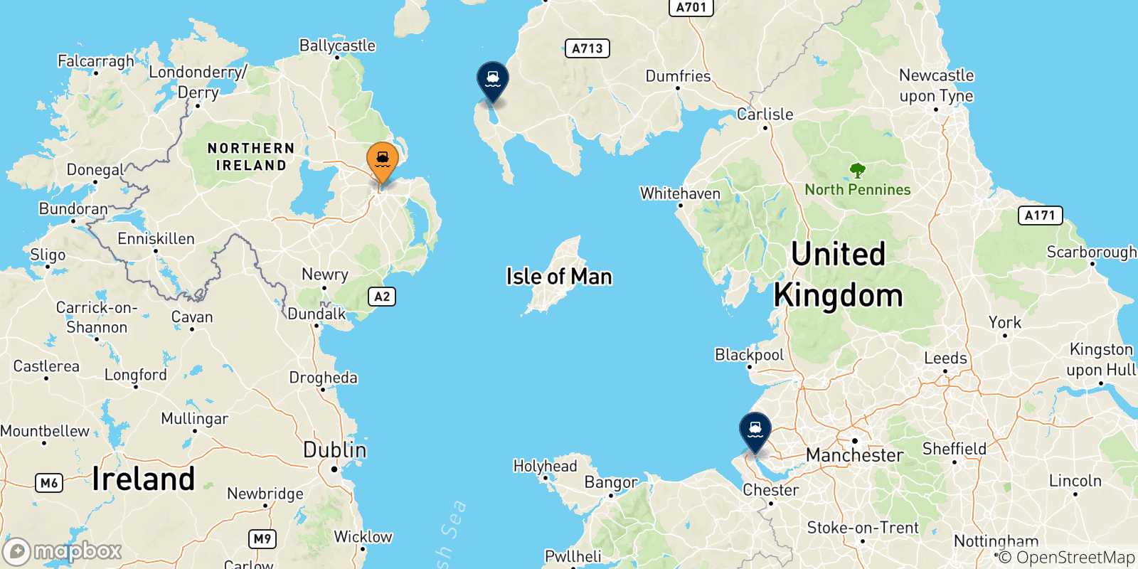 Carte des traversées possibles entre Belfast et le Royaume-uni