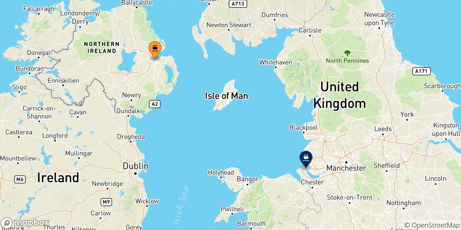 Carte des traversées possibles entre Irlande Du Nord et Liverpool Birkenhead