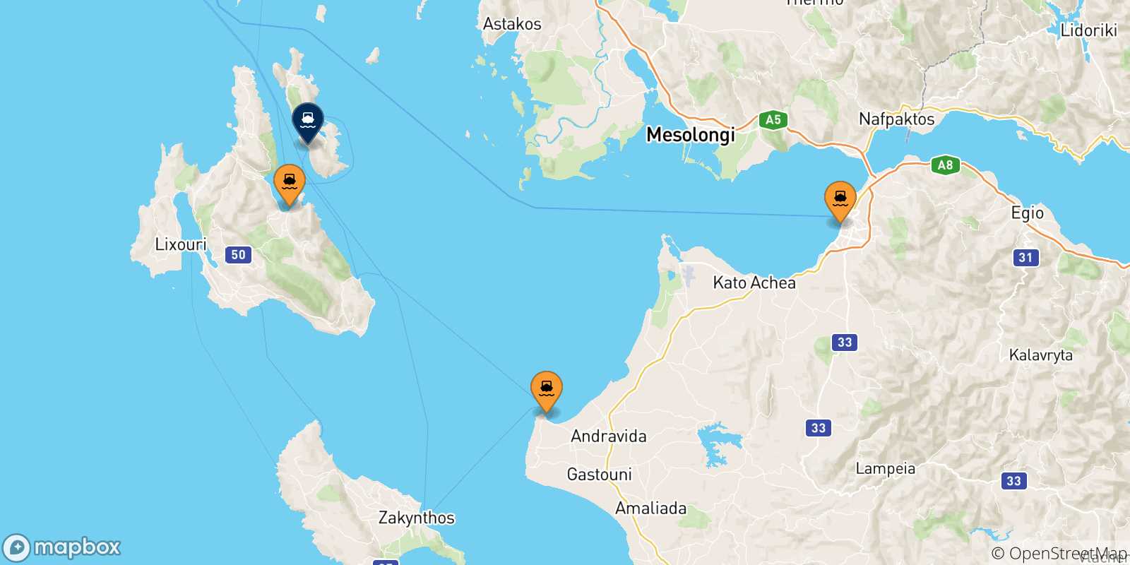 Carte des traversées possibles entre la Grèce et Pisaetos (Ithaque)