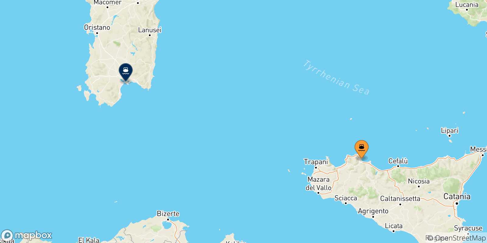 Carte des traversées possibles entre la Sicile et Cagliari