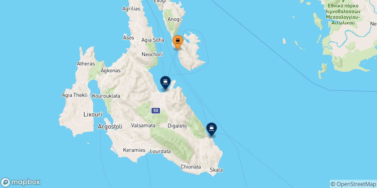 Carte des traversées possibles entre Pisaetos (Ithaque) et Îles Ioniennes