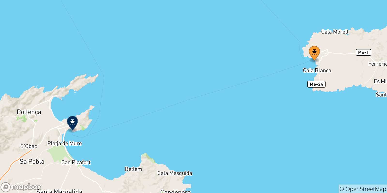 Carte des traversées possibles entre Ciutadella (Minorque) et les Îles Baléares