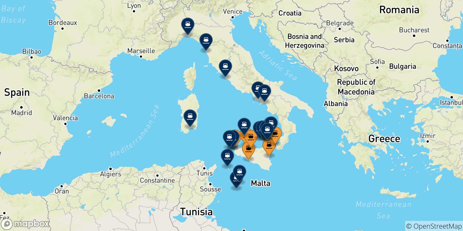 Carte des traversées possibles entre la Sicile et l'Italie