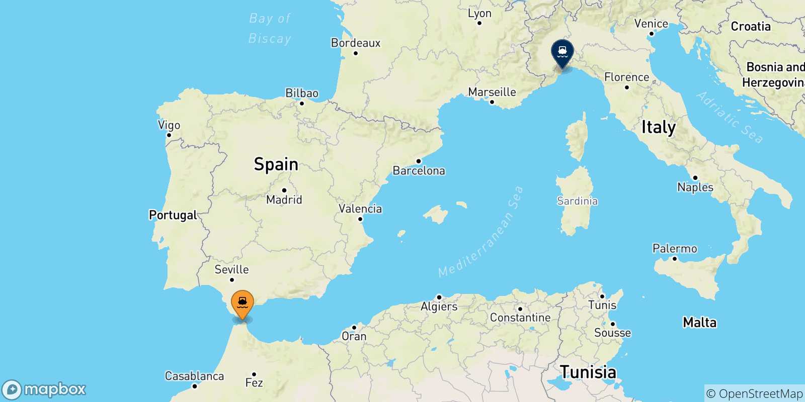 Carte des traversées possibles entre le Maroc et Savone