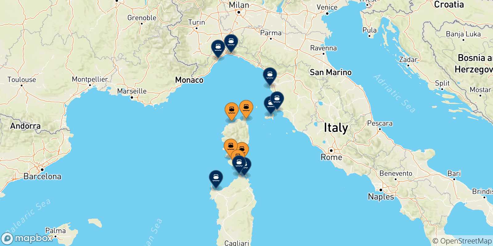 Carte des traversées possibles entre la Corse et l'Italie
