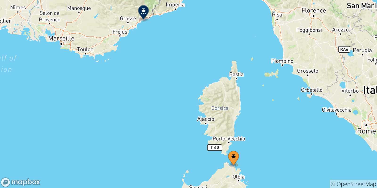 Carte des traversées possibles entre la Sardaigne et Nice