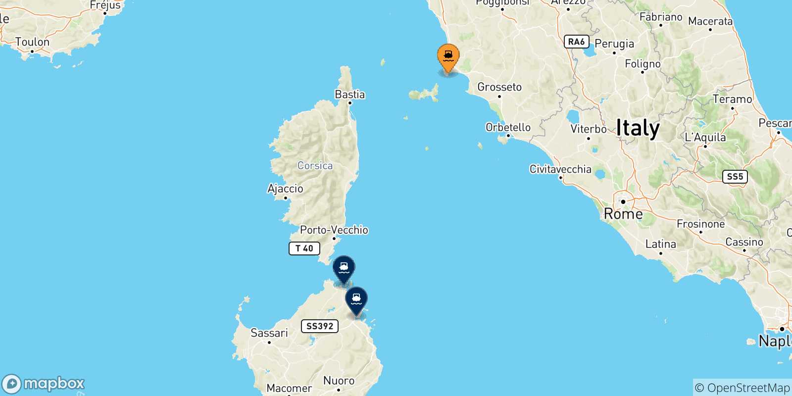 Carte des traversées possibles entre Piombino et la Sardaigne