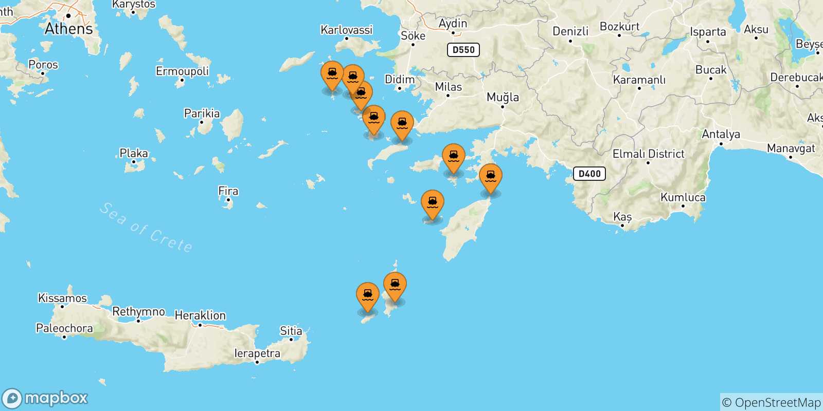 Carte des traversées possibles entre Îles Du Dodécanèse et Karpathos