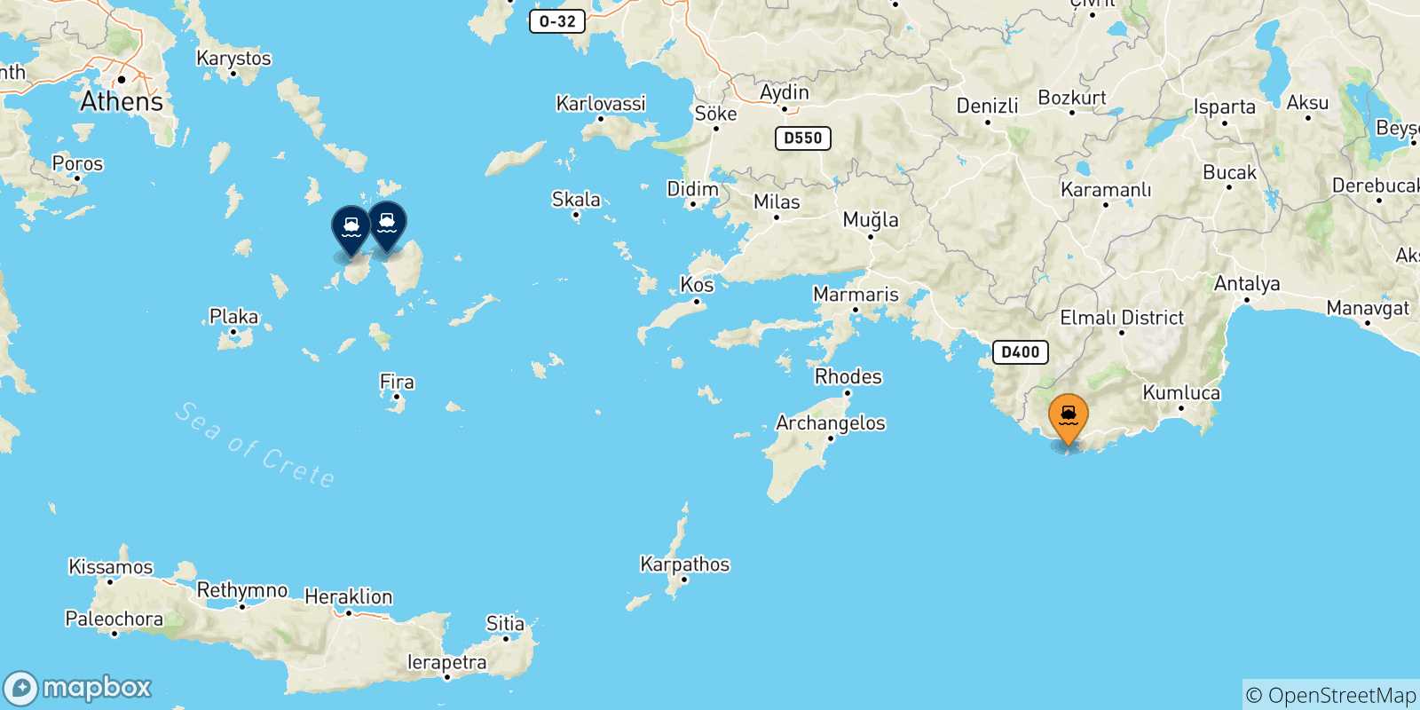 Carte des traversées possibles entre Kastellórizo et Îles Des Cyclades