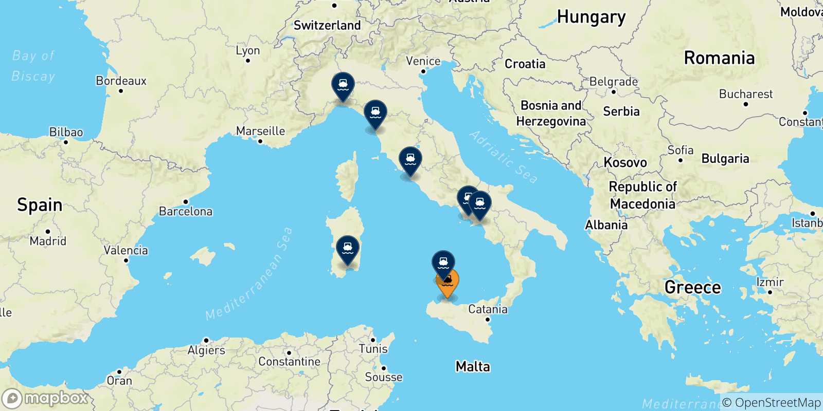 Carte des traversées possibles entre Palerme et l'Italie