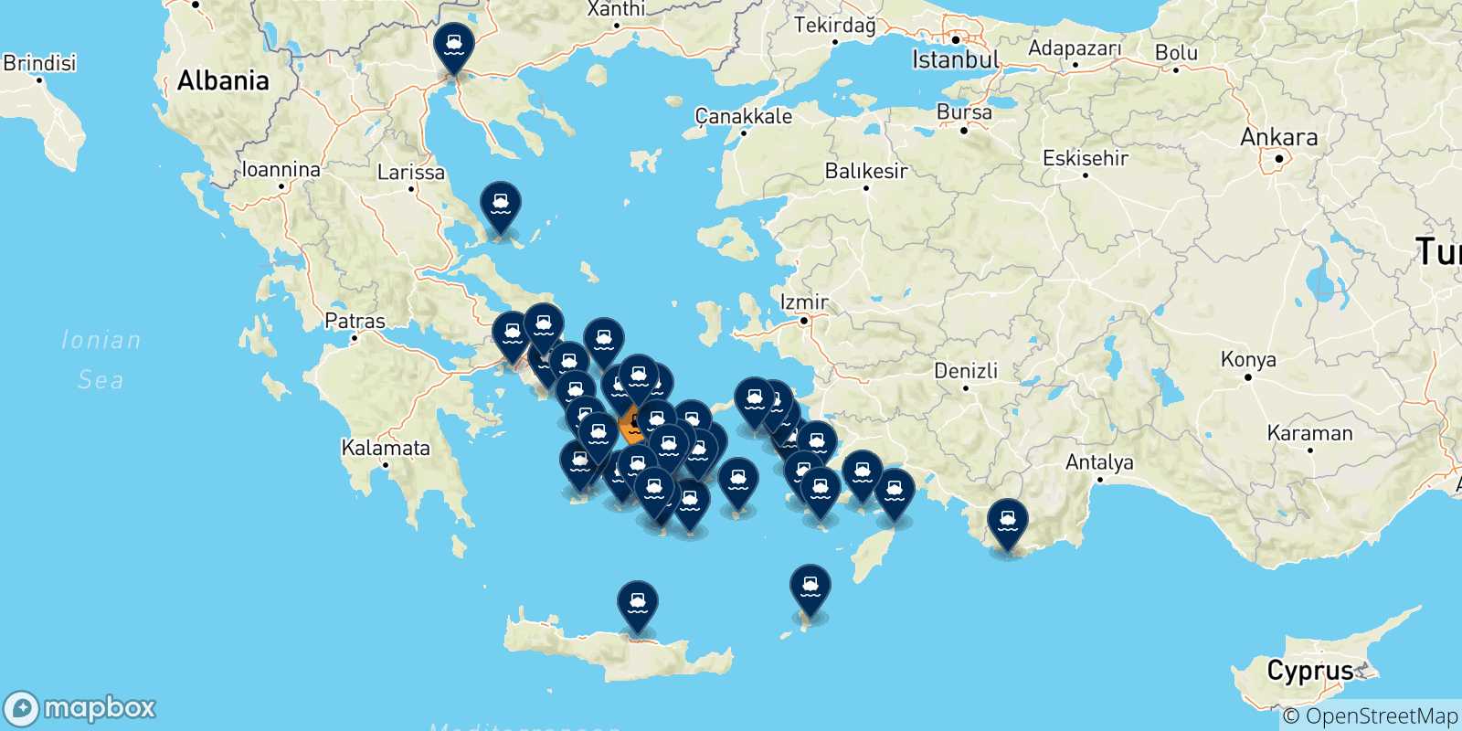 Carte des traversées possibles entre Paros et la Grèce