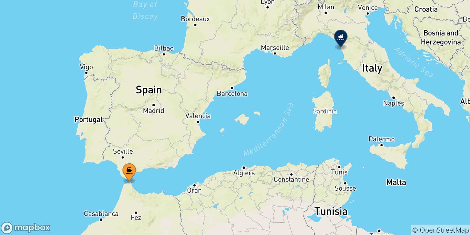 Carte des traversées possibles entre le Maroc et Livourne