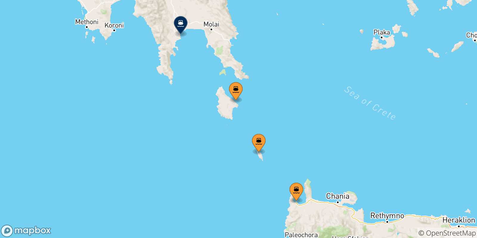 Carte des traversées possibles entre la Grèce et Gythio
