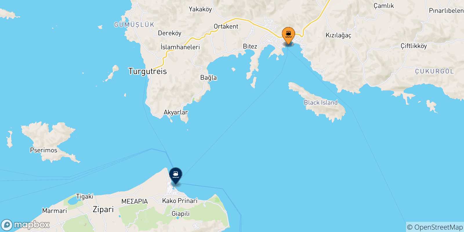 Carte des traversées possibles entre la Turquie et Kos