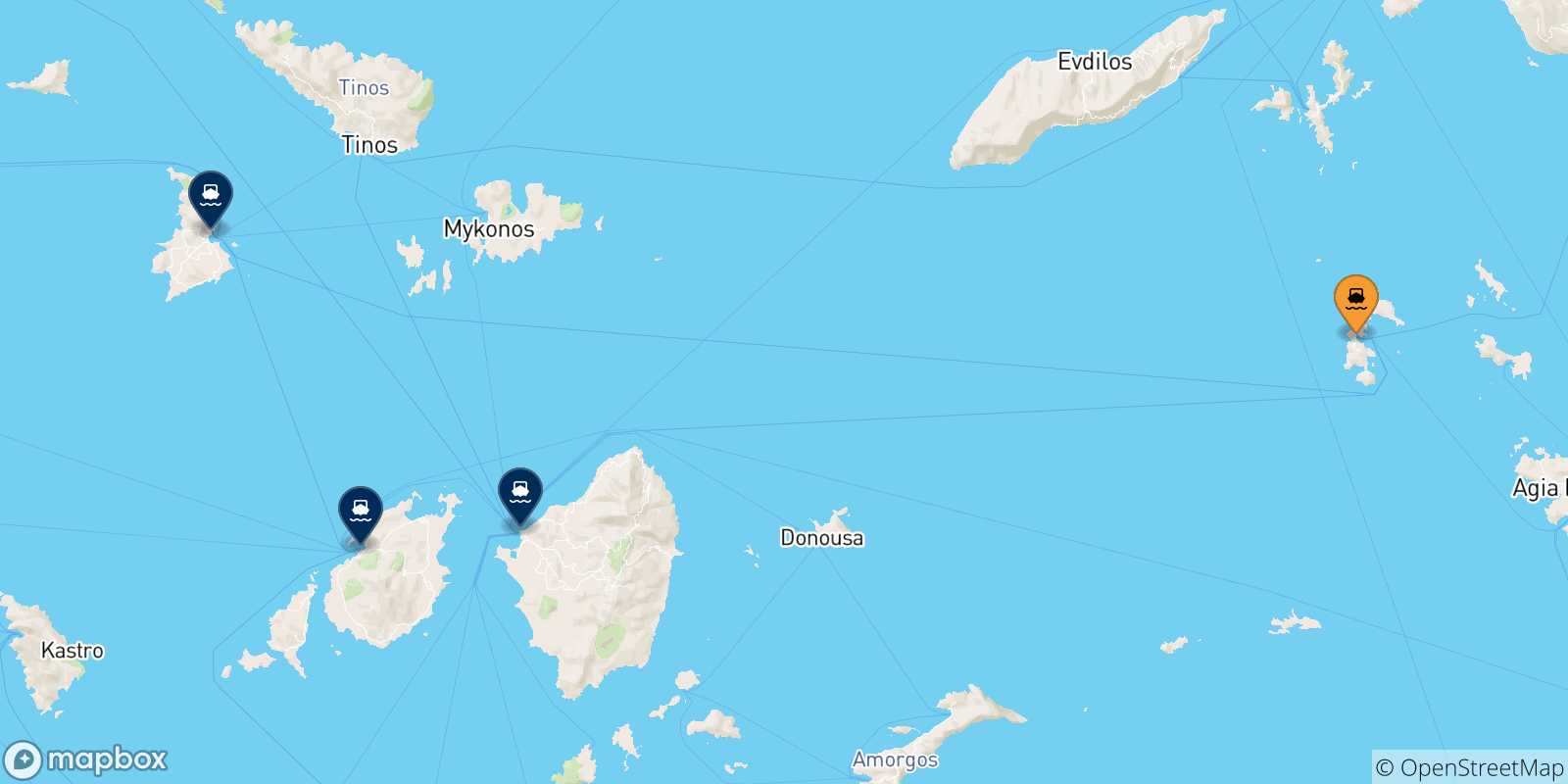 Carte des traversées possibles entre Patmos et Îles Des Cyclades