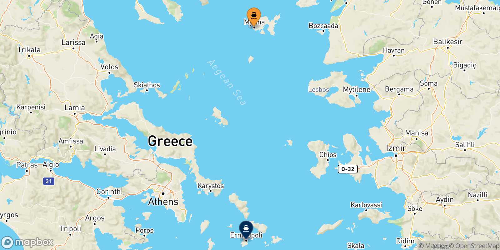 Carte des traverséesMyrina (Limnos) Syros