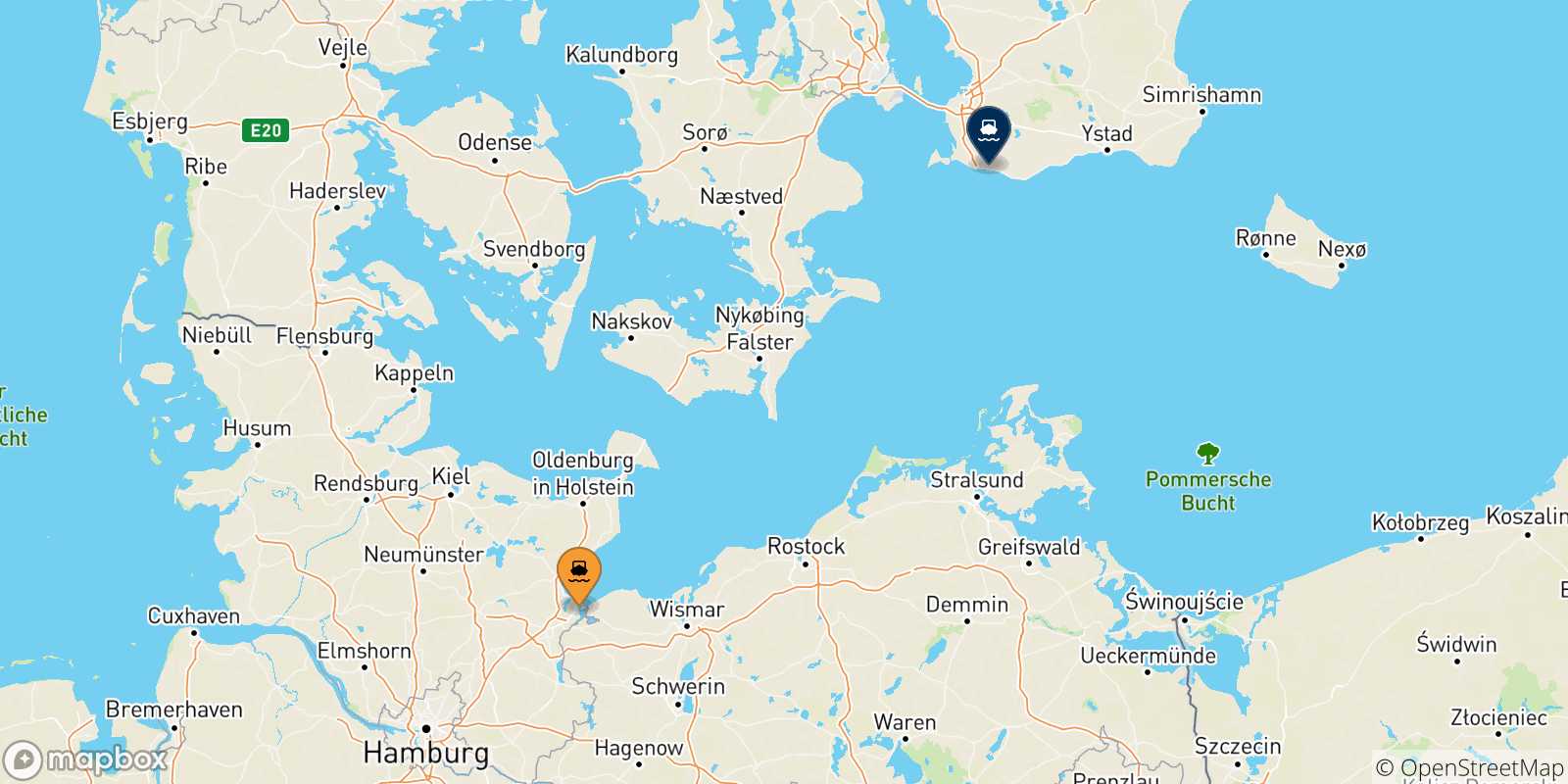 Carte des traversées possibles entre l'Allemagne et Malmö
