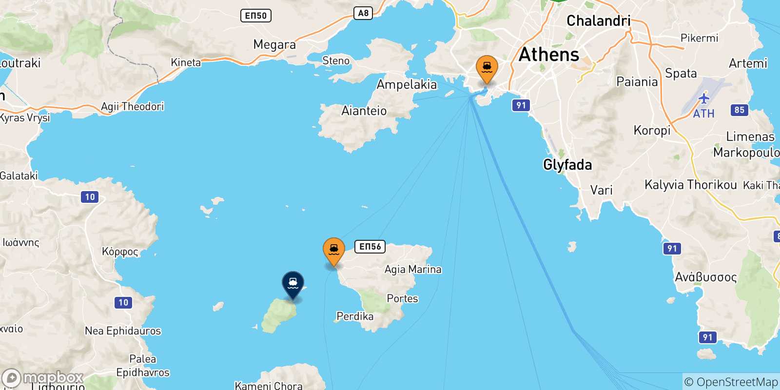 Carte des traversées possibles entre la Grèce et Agistri
