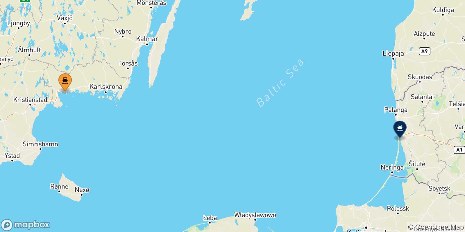 Carte des traversées possibles entre la Suède et la Lituanie