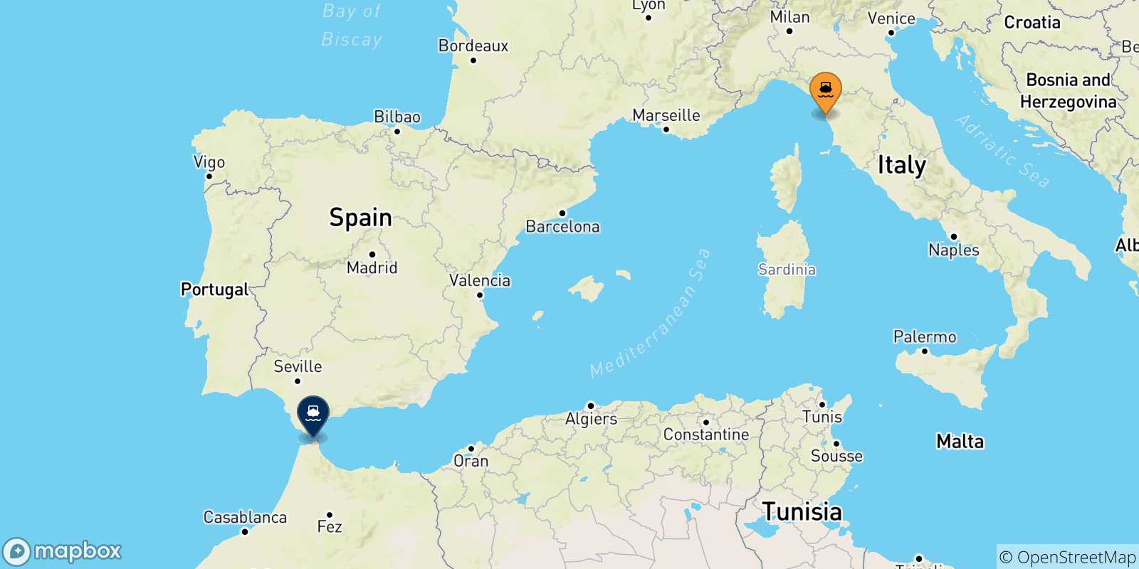 Carte des traversées possibles entre Livourne et le Maroc