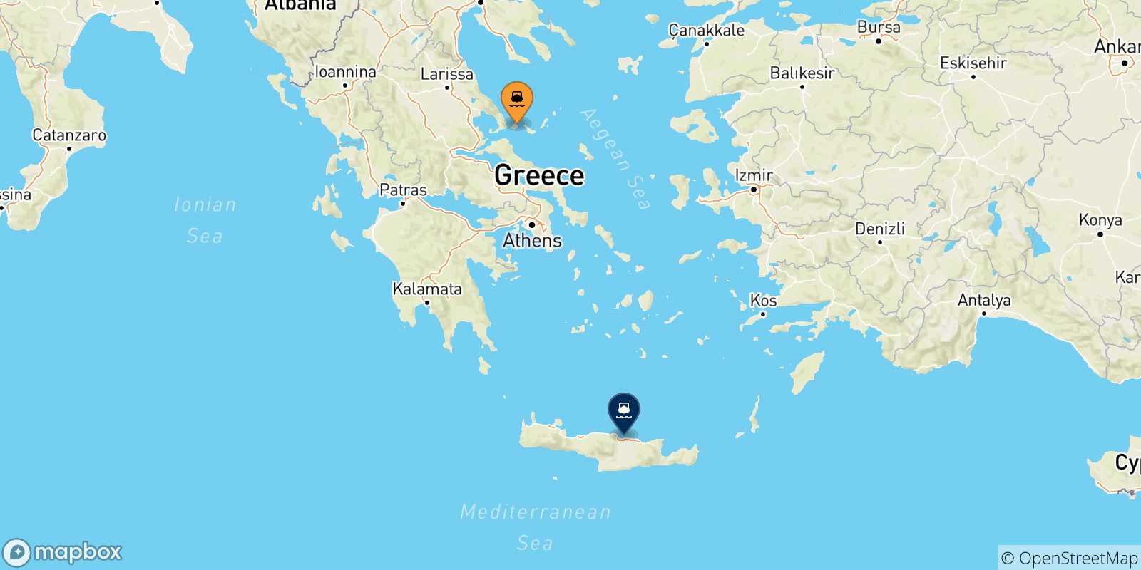 Carte des traversées possibles entre les Îles Sporades et la Crète
