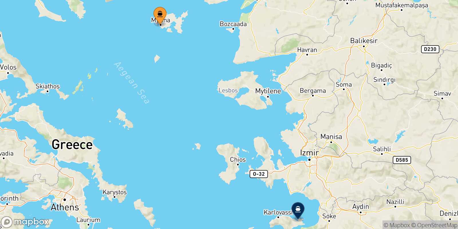 Carte des traverséesMyrina (Limnos) Vathi (Samos)
