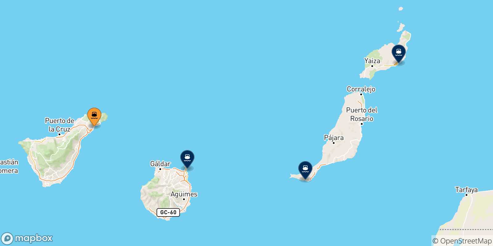 Carte des traversées possibles entre Santa Cruz De Tenerife et les Îles Canaries
