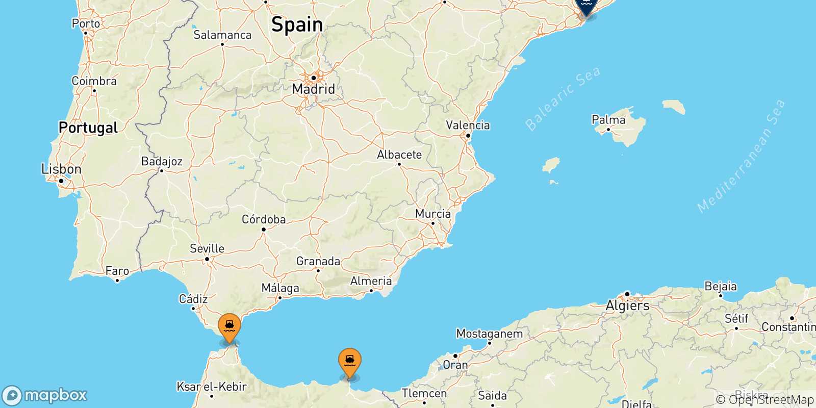 Carte des traversées possibles entre le Maroc et Barcelone