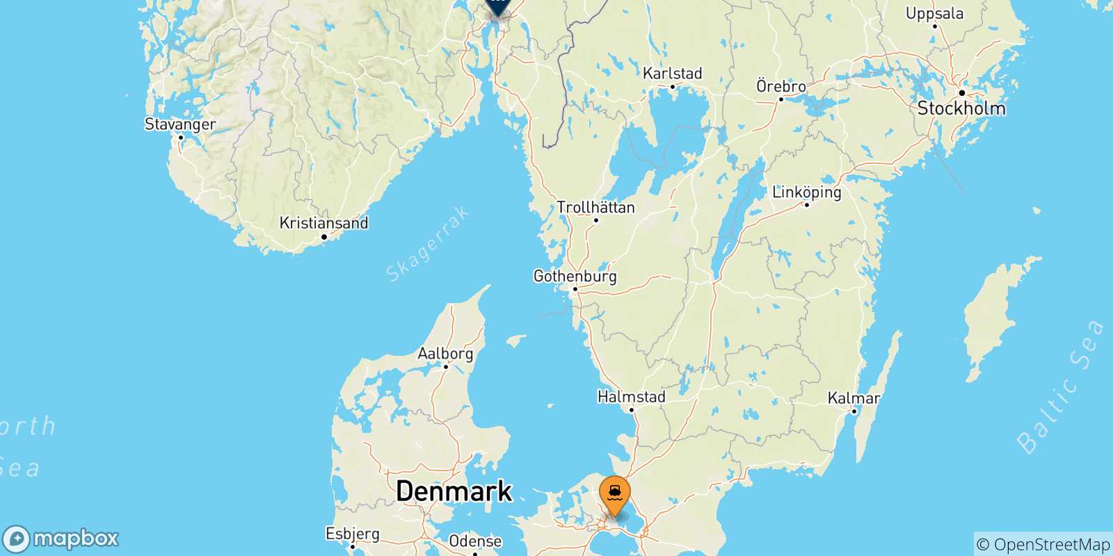 Carte des traversées possibles entre Copenhague et la Norvège