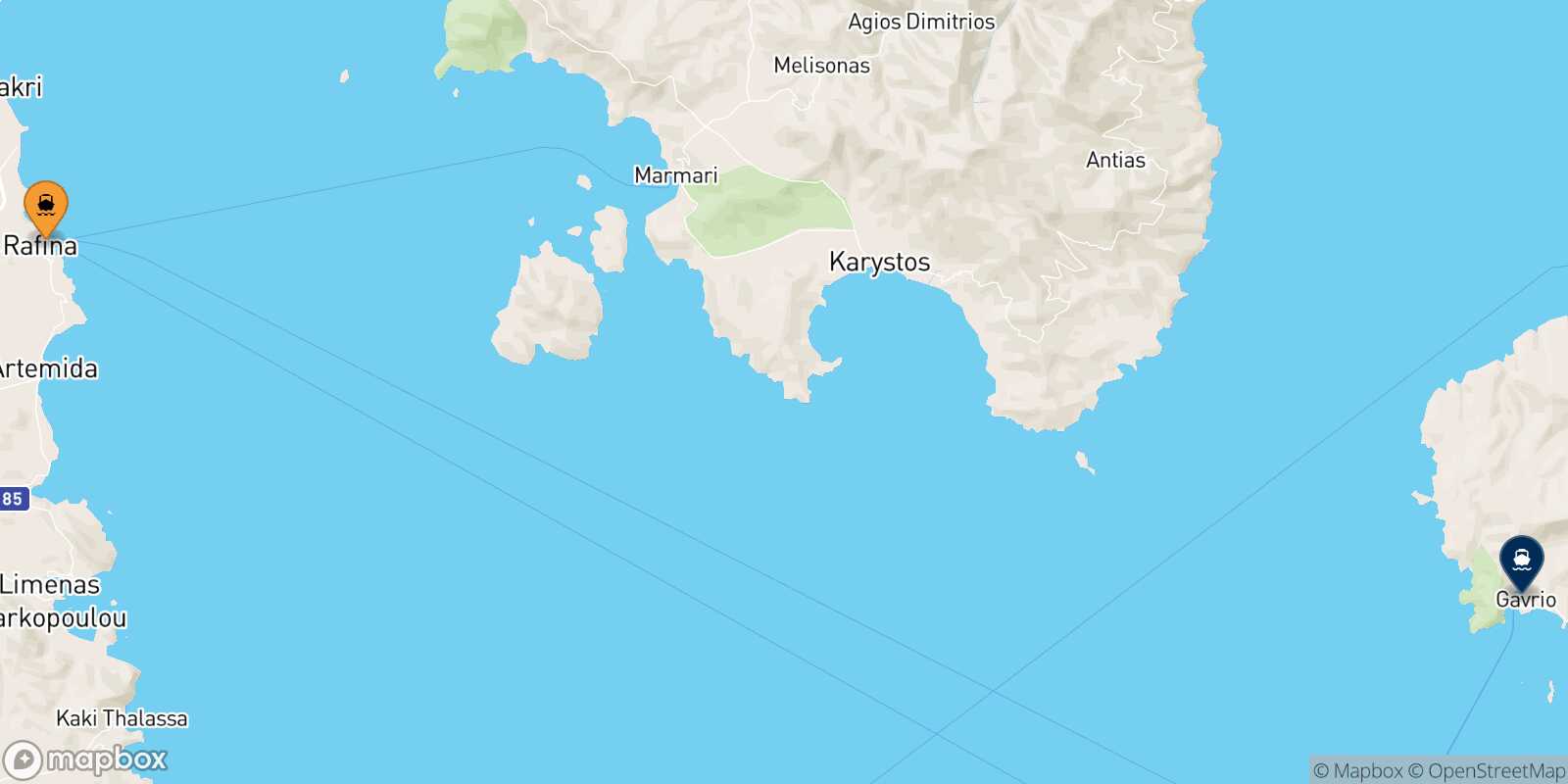 Carte des traverséesRafina Andros