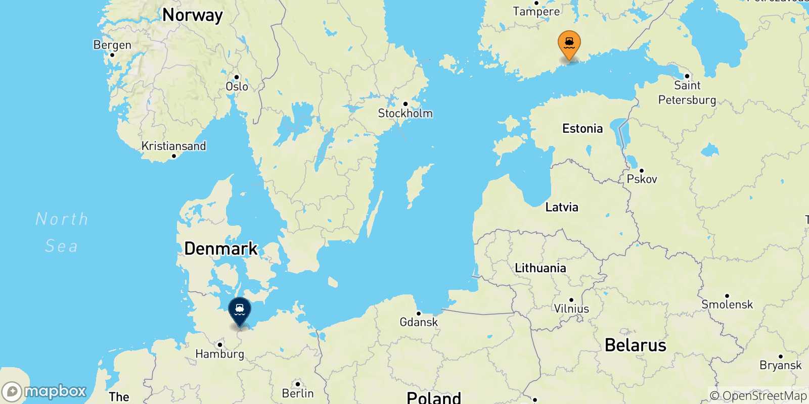 Carte des traversées possibles entre la Finlande et Travemünde